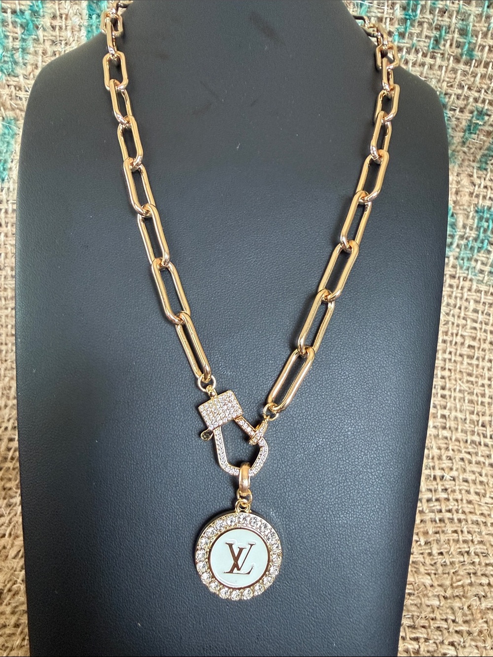 Gold-Tone Link Necklace with Crystal-Embellished Round Pendant